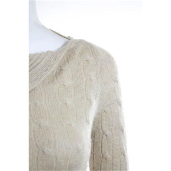 Ralph Lauren Cashmere Black Label Beige Cable Knit Asymmetrical Collar Sweater - Picture 5 of 6